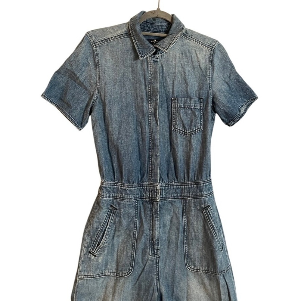 Vintage 7 For All Mankind Denim Jumpsuit Cropped Wide Leg Belted Short Sleeve S - Picture 3 of 16